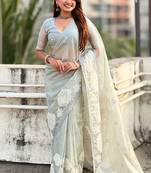 Grey oris silk thread lotus embroidery cut work saree with blouse