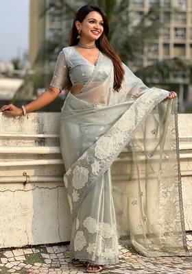 grey oris silk blend thread lotus embroidery cut work saree with blouse 2