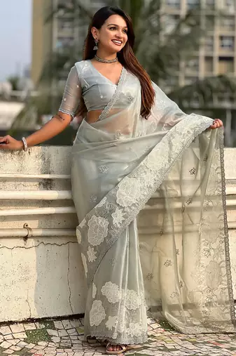 grey oris silk blend thread lotus embroidery cut work saree with blouse