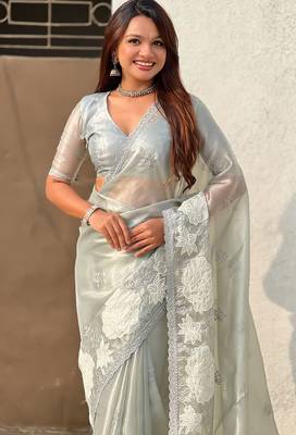 grey oris silk blend thread lotus embroidery cut work saree with blouse 3