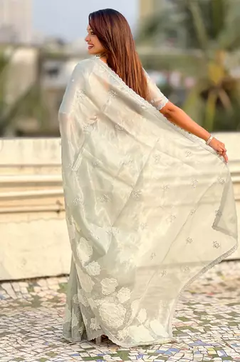 grey oris silk blend thread lotus embroidery cut work saree with blouse