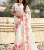 Off white oris silk thread lotus embroidery cut work saree with blouse