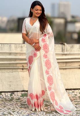 off white oris silk blend thread lotus embroidery cut work saree with blouse 2