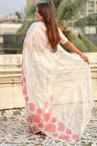 off white oris silk blend thread lotus embroidery cut work saree with blouse