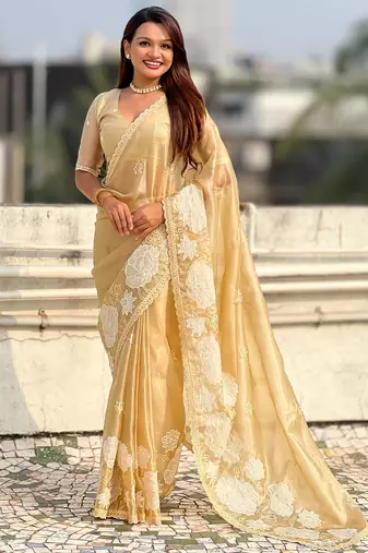 gold oris silk blend thread lotus embroidery cut work saree with blouse