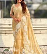Gold oris silk thread lotus embroidery cut work saree with blouse