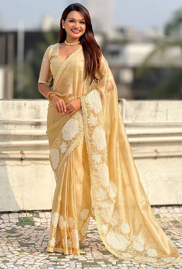 Gold oris silk thread lotus embroidery cut work saree with blouse