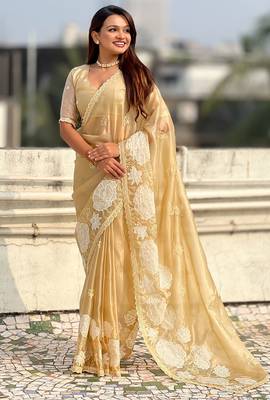 gold oris silk blend thread lotus embroidery cut work saree with blouse 2
