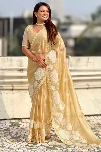 gold oris silk blend thread lotus embroidery cut work saree with blouse