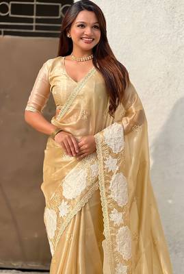 gold oris silk blend thread lotus embroidery cut work saree with blouse 3