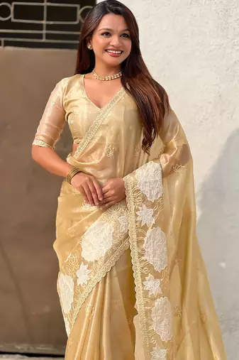 gold oris silk blend thread lotus embroidery cut work saree with blouse