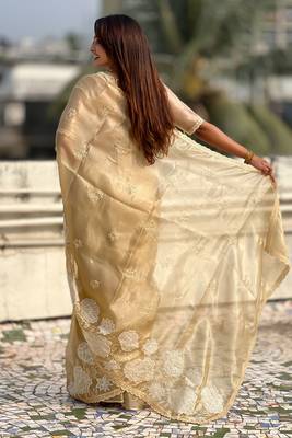 gold oris silk blend thread lotus embroidery cut work saree with blouse 4