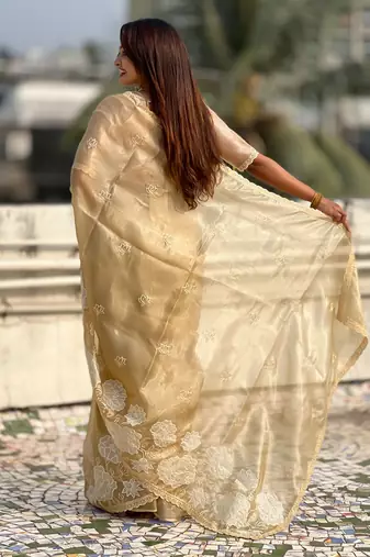 gold oris silk blend thread lotus embroidery cut work saree with blouse