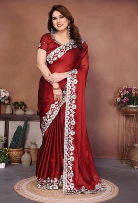 red rangoli silk blend heavy thread embroidery work saree with blouse 1