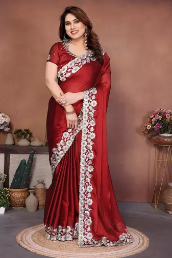 red rangoli silk blend heavy thread embroidery work saree with blouse