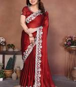 Red rangoli silk heavy thread embroidery work saree with blouse