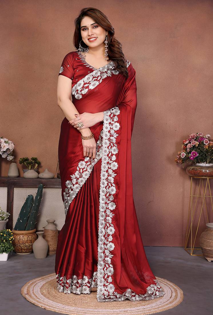 Red rangoli silk heavy thread embroidery work saree with blouse
