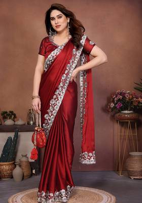 red rangoli silk blend heavy thread embroidery work saree with blouse 2