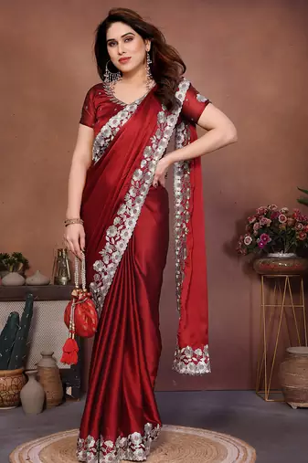 red rangoli silk blend heavy thread embroidery work saree with blouse