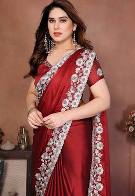 red rangoli silk blend heavy thread embroidery work saree with blouse 3