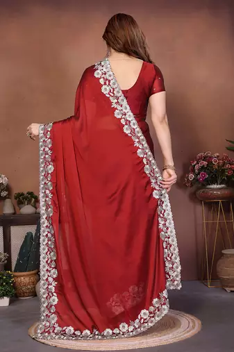 red rangoli silk blend heavy thread embroidery work saree with blouse