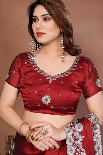 red rangoli silk blend heavy thread embroidery work saree with blouse