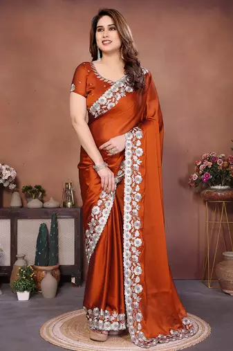 orange rangoli silk blend heavy thread embroidery work saree with blouse