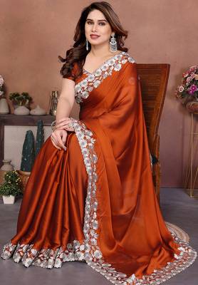 orange rangoli silk blend heavy thread embroidery work saree with blouse 2