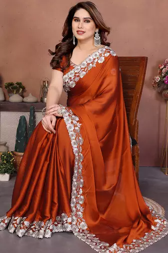 orange rangoli silk blend heavy thread embroidery work saree with blouse