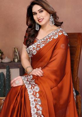 orange rangoli silk blend heavy thread embroidery work saree with blouse 3