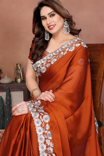 orange rangoli silk blend heavy thread embroidery work saree with blouse