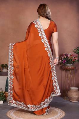 orange rangoli silk blend heavy thread embroidery work saree with blouse 4
