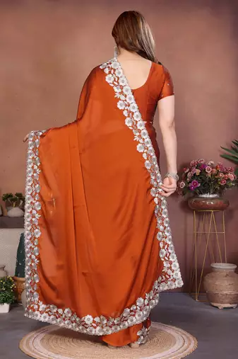 orange rangoli silk blend heavy thread embroidery work saree with blouse