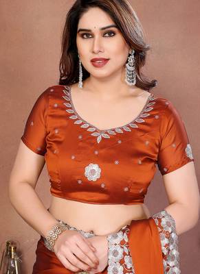 orange rangoli silk blend heavy thread embroidery work saree with blouse 5