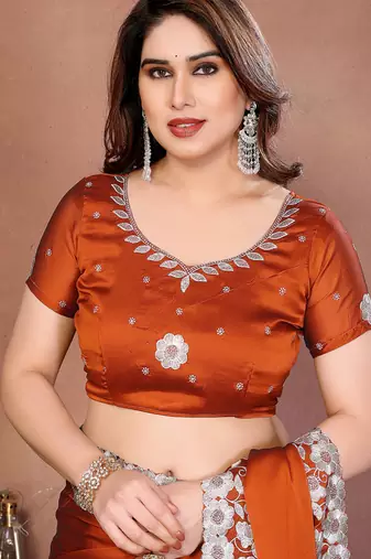 orange rangoli silk blend heavy thread embroidery work saree with blouse
