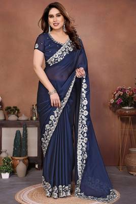navy blue rangoli silk blend heavy thread embroidery work saree with blouse 1