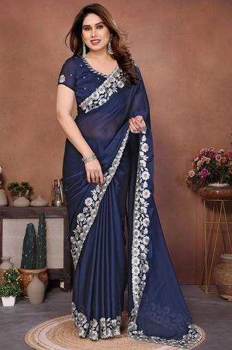 navy blue rangoli silk blend heavy thread embroidery work saree with blouse