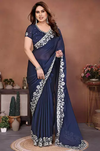 navy blue rangoli silk blend heavy thread embroidery work saree with blouse