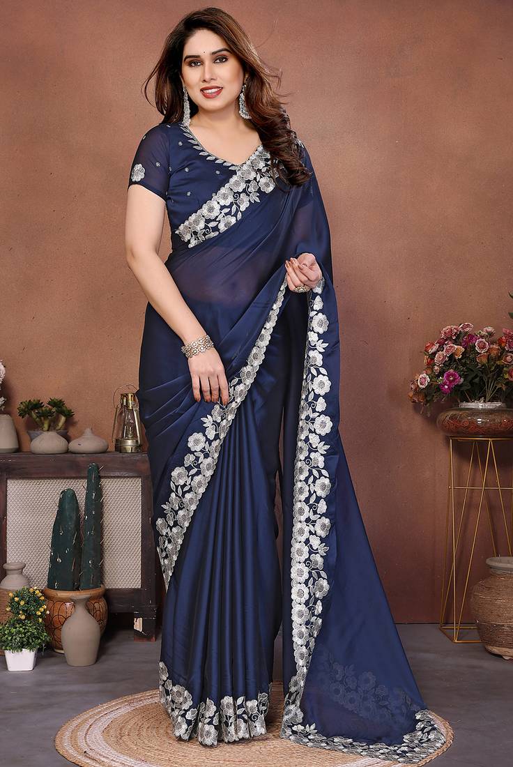 Navy blue rangoli silk heavy thread embroidery work saree with blouse