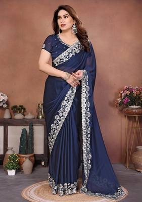 navy blue rangoli silk blend heavy thread embroidery work saree with blouse 2