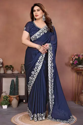 navy blue rangoli silk blend heavy thread embroidery work saree with blouse