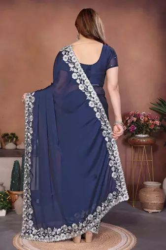navy blue rangoli silk blend heavy thread embroidery work saree with blouse