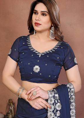 navy blue rangoli silk blend heavy thread embroidery work saree with blouse 5