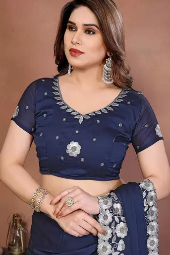 navy blue rangoli silk blend heavy thread embroidery work saree with blouse
