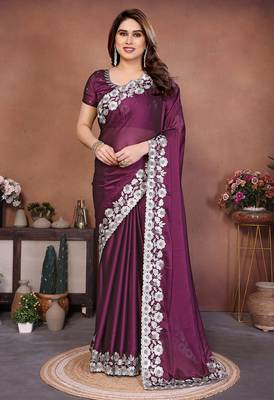 purple rangoli silk blend heavy thread embroidery work saree with blouse 1