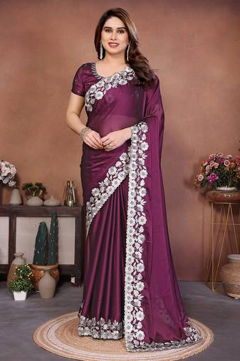 purple rangoli silk blend heavy thread embroidery work saree with blouse
