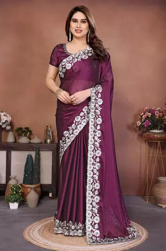 Purple rangoli silk heavy thread embroidery work saree with blouse