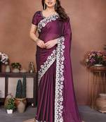 Purple rangoli silk heavy thread embroidery work saree with blouse