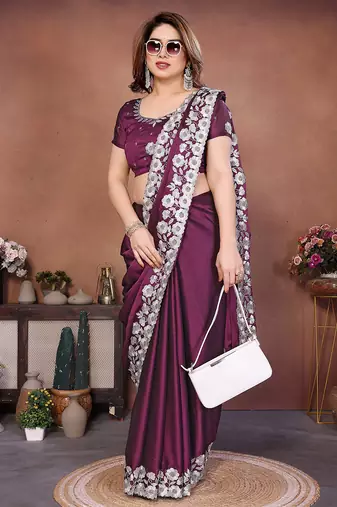 purple rangoli silk blend heavy thread embroidery work saree with blouse