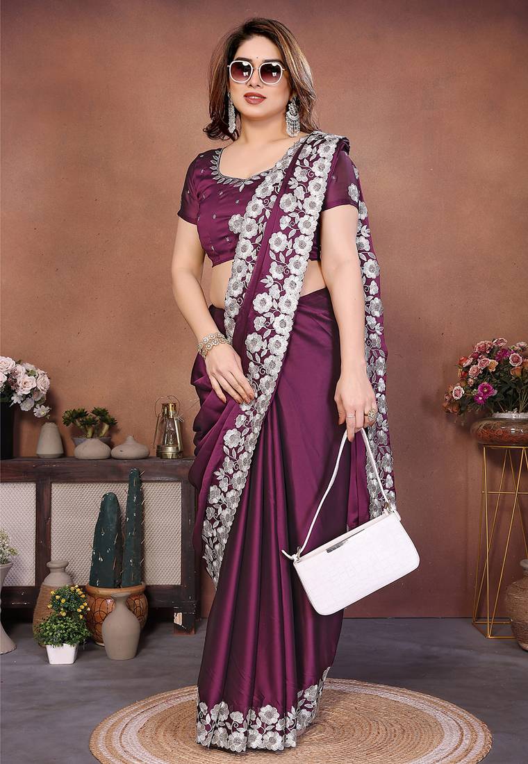 Purple rangoli silk heavy thread embroidery work saree with blouse